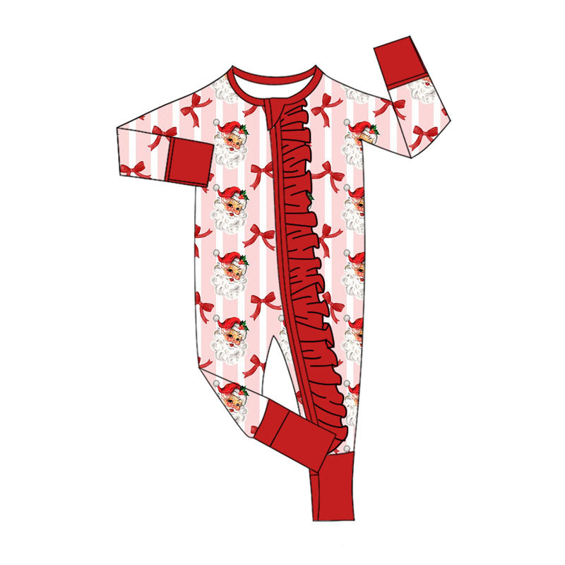 Preorder (moq 8)Baby Girls Bows Santa Stripe Christmas Ruffle Zipper Footie Rompers