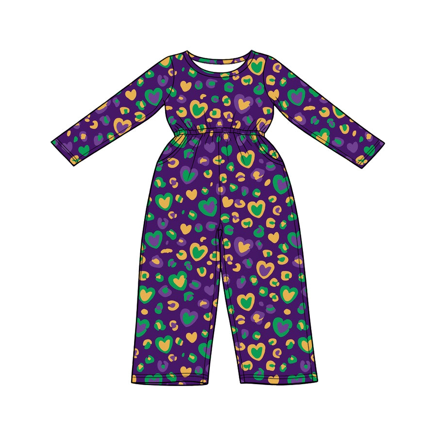 Preorder (moq5) Baby Girl Clothes Mardi Gras Heart Leopard Print Long Sleeve Waist Jumpsuit