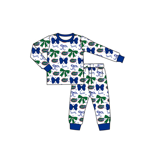 Preorder (moq 5)Baby Girls Blue Florida Team Bows Top Pants Pajamas Sets