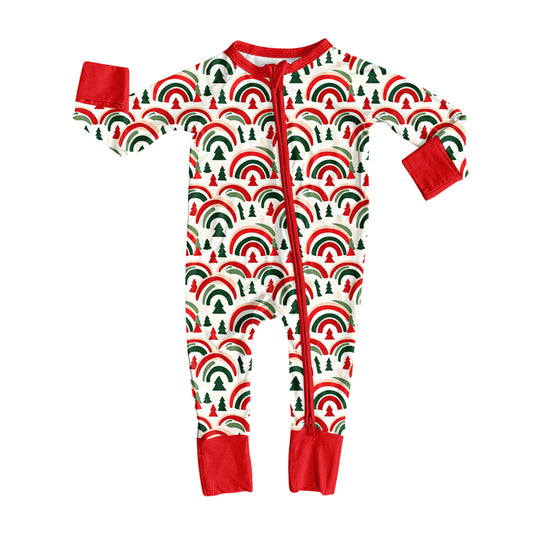 Preorder (moq 5)Baby Girls Trees Rainbows Christmas Two Way Zip Convertible Rompers
