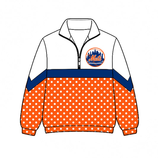 Preorder (moq 5)Baby Boys Orange Polka Dots Mets Team Zip Pullovers Top