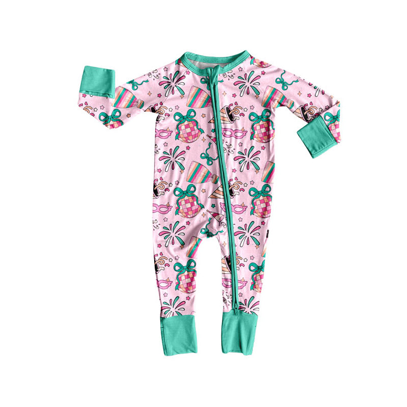 Preorder (moq 20)Baby Girls Bamboo Fireworks Glasses Happy New Year Zippy Footie Rompers