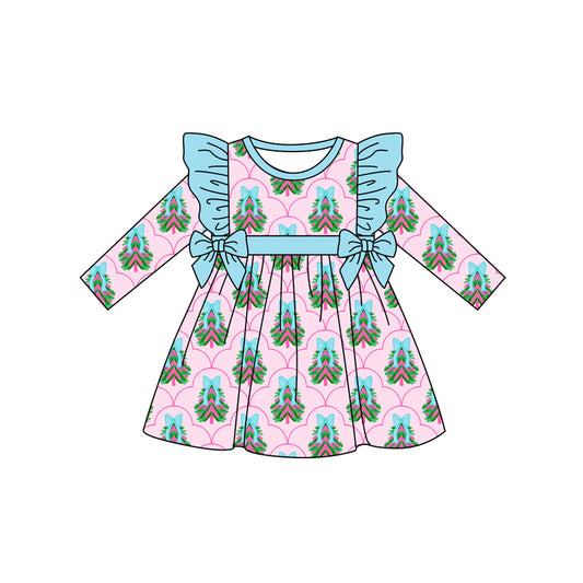 Preorder (moq 5)Baby Girls Pink Long Sleeves Bows Trees Plaid Knee Length Dresses