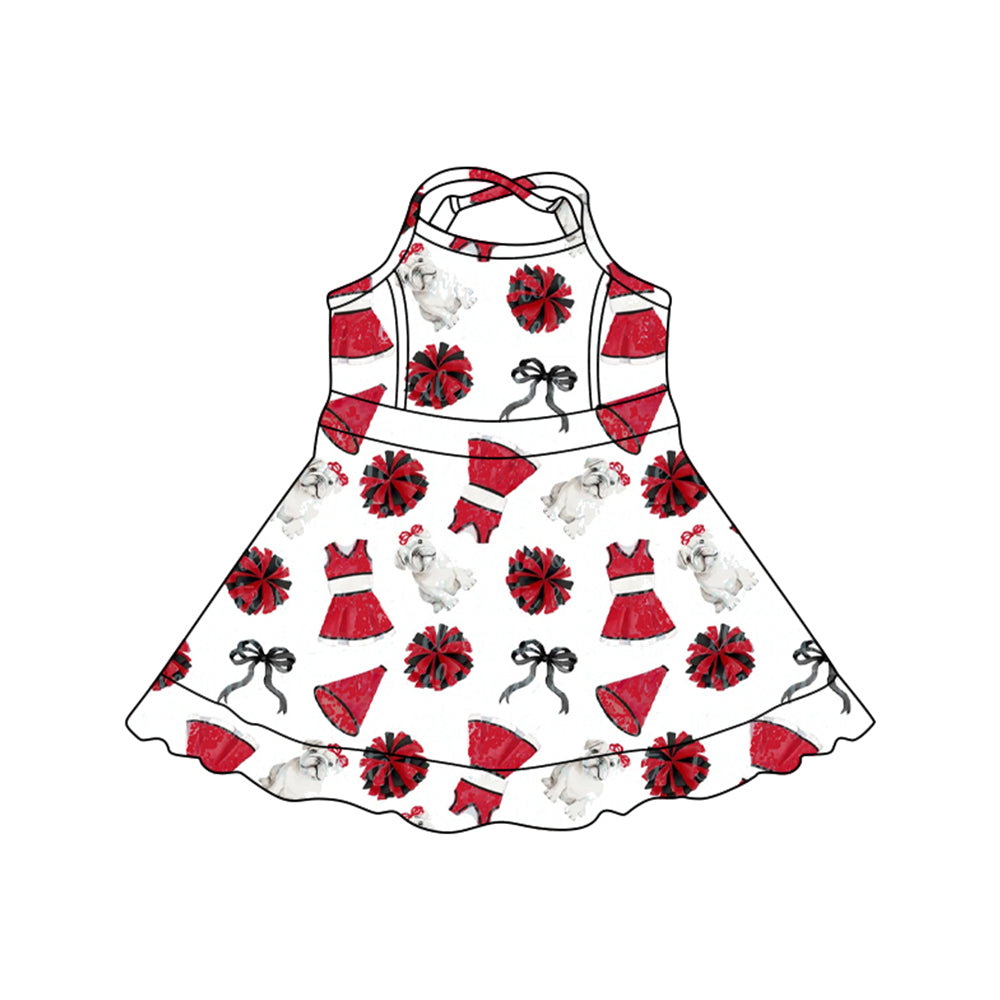 Preorder (moq 5)Baby Girls Strap Bows Dogs Team Shorts Cheer Knee Length Dresses