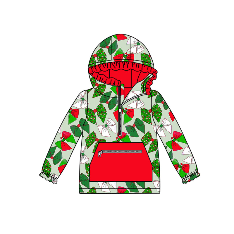 Preorder (moq 5)Baby Girls Long Ruffle Sleeves Green Bows Plaid Pocket Zipper Hoodies Top