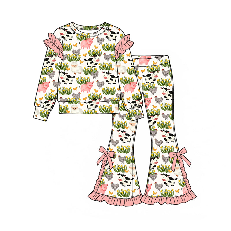 Preorder (moq 5) Girls’ Fall Pig, Green Grass & Chick Bow Ruffle Long-Sleeve Round-Neck Top with Flare Pants Set