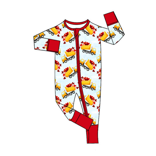 Preorder (moq 5)Baby Boys Hearts Trucks Valentines Two Way Zip Convertible Rompers