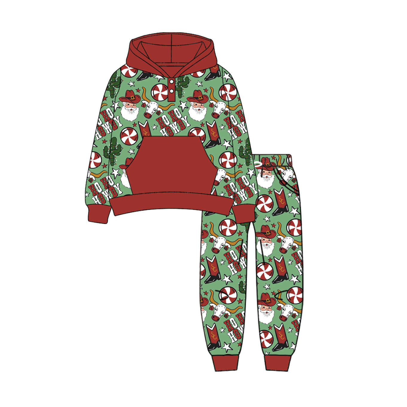 Preorder (moq 5)Baby Boys Long Sleeves Dark Red Cactus Hats Santa Pocket Button Hoodies Legging Pant Sets