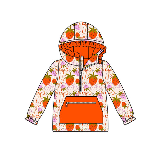 Preorder(moq 8)Baby Girls Bows Strawberry Pocket Zipper Ruffle Hoodie Top