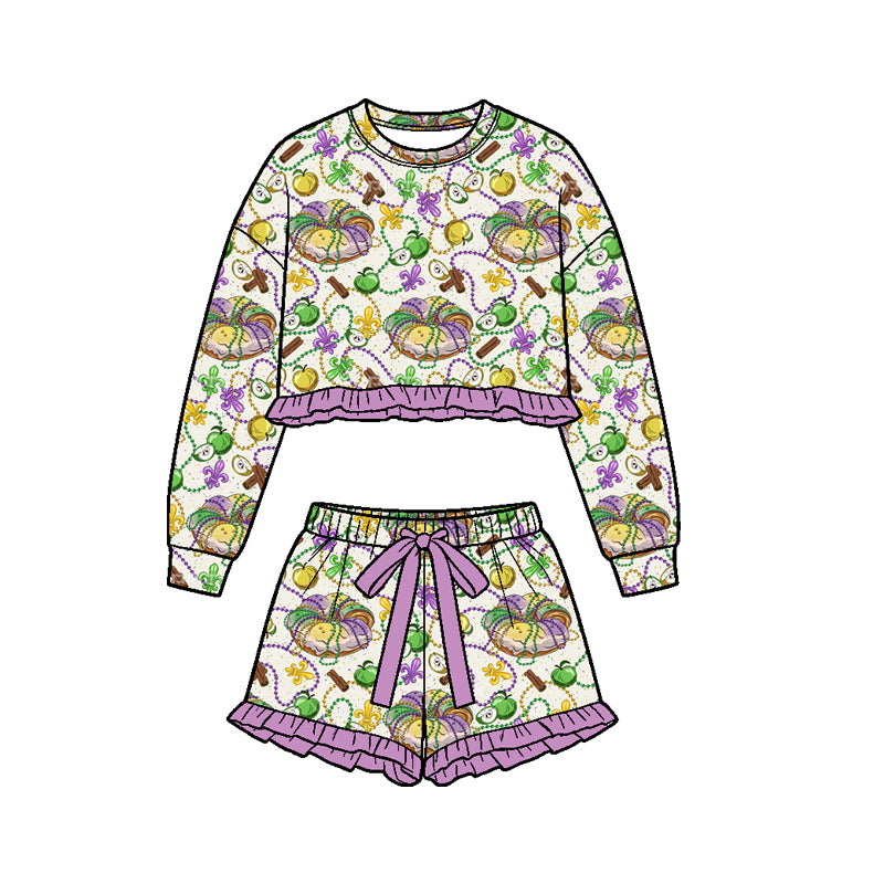 Preorder (moq 5) Girls’ Carnival Iris & Apple Print Ruffle 2-Piece Set, Long-Sleeve Sweatshirt & Skirt