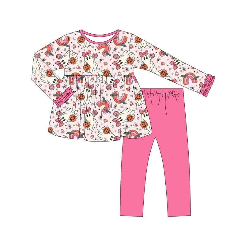 Preorder (moq 5)Baby Girls Long Ruffle Sleeves Pink Ghost Pumpkins Tunic Legging Pant Set