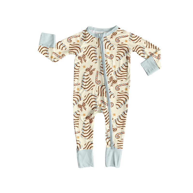 Preorder (moq 5)Baby Girls Long Sleeves Yellow Trees Bows Candy Cane Zipper Romper
