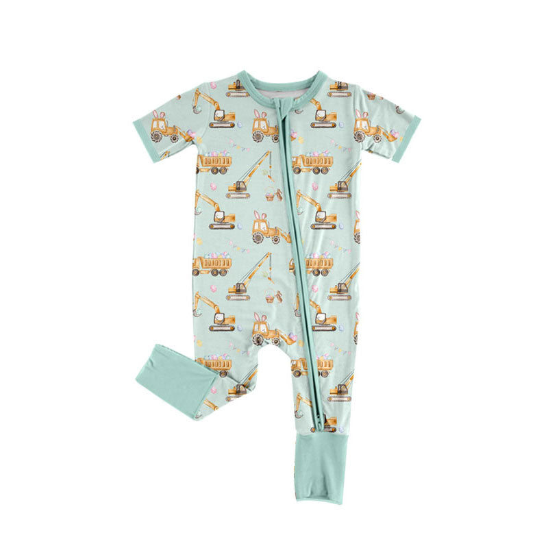Preorder (moq 8)Baby Boys Excavators Eggs Easter Zipper Footie Rompers