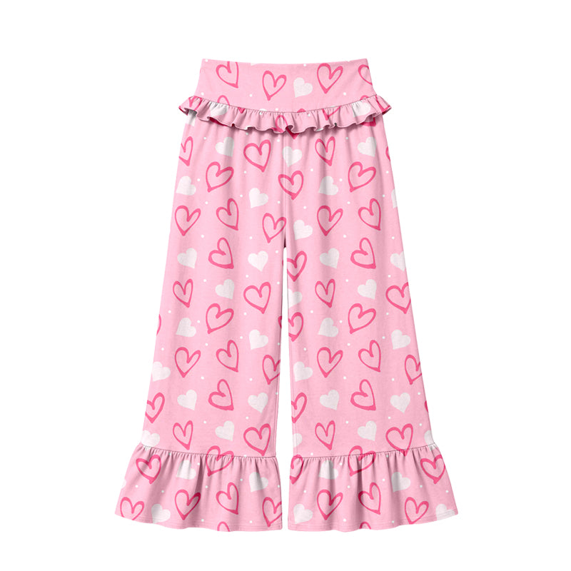 Preorder (moq 5) Women Clothes Pink Heart Dot Print High Waist Ruffle Hem Wide Leg Pants