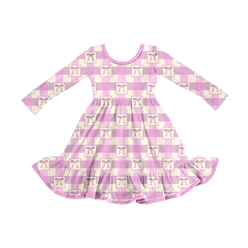 Preorder (moq 5)Baby Girls Pink Checkered Bows Ruffle Knee Length Dresses