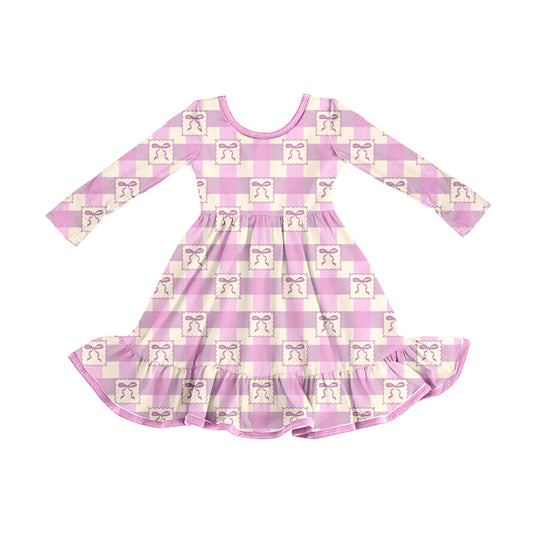 Preorder (moq 5)Baby Girls Pink Checkered Bows Ruffle Knee Length Dresses