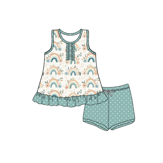 Preorder moq 5 Baby Girls Sleeveless Button Rainbows Flowers Tunic Green Polka Dots Ruffle Short Set
