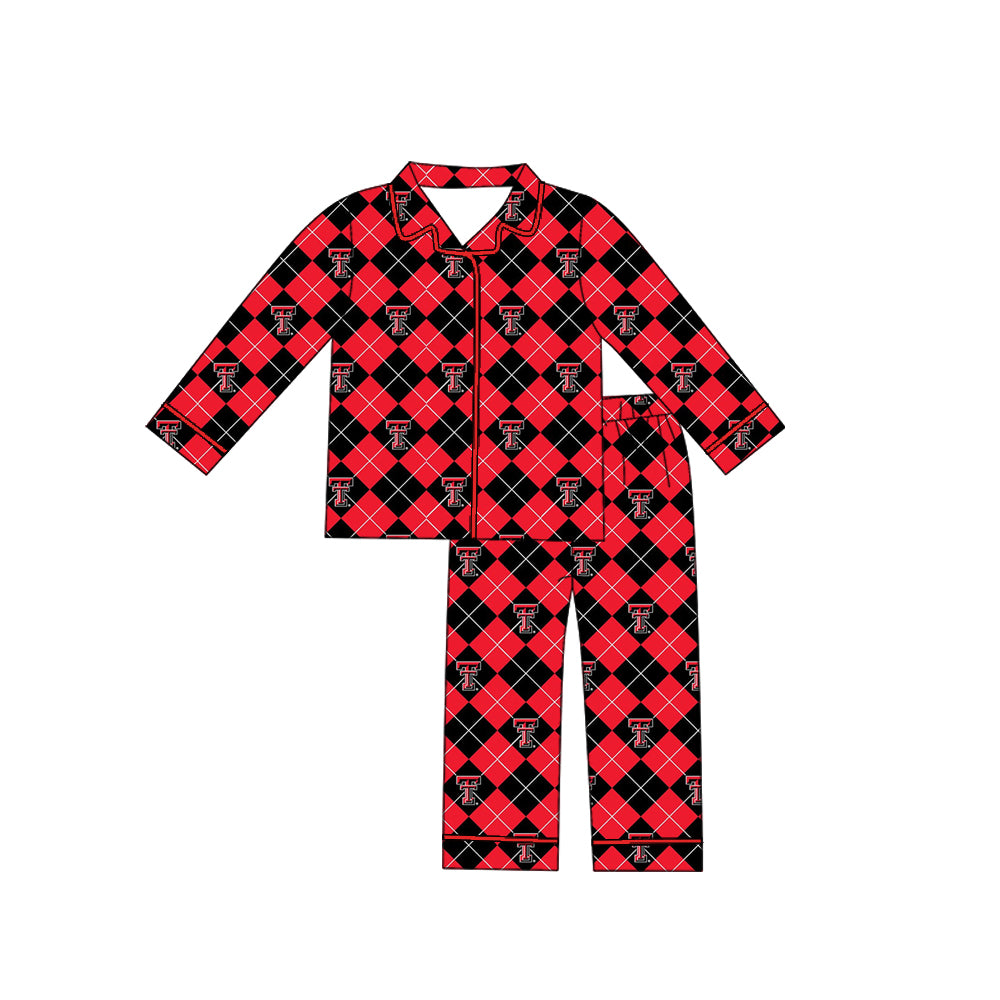 Preorder moq 5 Baby Boys Texas Tech Team Buttons Red Checkered Top Pants Pajamas Clothes Sets