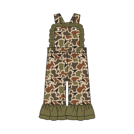 Pre-order (moq5) Girls’ Fall Thanksgiving Camo Moose Ruffle Long-Sleeve Jumpsuit