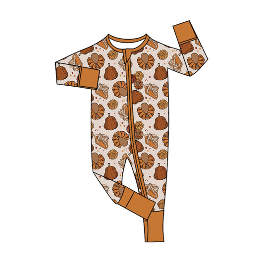 Preorder (moq 5)Baby Girls Pumpkins Turkey Bows Thanksgiving Two Way Zip Convertible Rompers