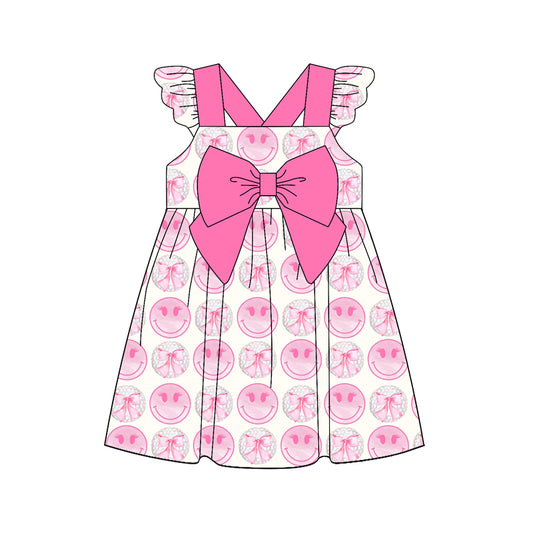Preorder (moq 5)Baby Girls Pink Flutter Sleeves Smiles Bows Knee Length Dress