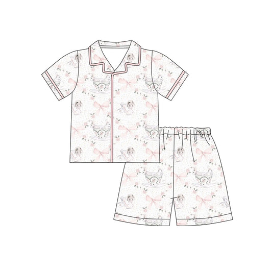 Preorder (moq 5)Baby Girls Pink Bows Rabbits Checked Button Top Shorts Easter Pajamas Sets
