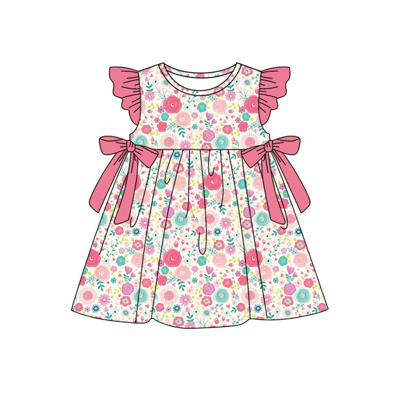 Preorder(moq 5) Baby Girls Flutter Sleeve Colorful Flowers Bows Ruffle Knee Length Dresses
