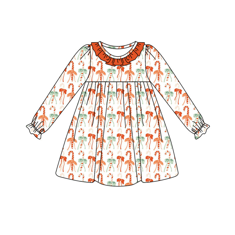 Preorder (moq 5)Baby Girls Long Ruffle Sleeves Orange Bows Candy Cane Stripe Knee Length Dresses