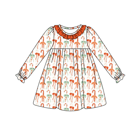 Preorder (moq 5)Baby Girls Long Ruffle Sleeves Orange Bows Candy Cane Stripe Knee Length Dresses