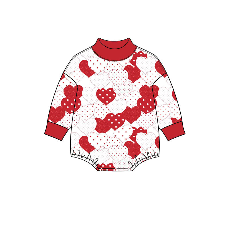 Preorder (moq 5) Baby Girl Clothes Red White Polka Dot Heart Print Long Sleeve Mock Neck Bodysuit
