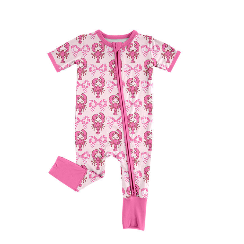 Preorder (moq 5) Baby Girl Clothes Pink Lobster Bow Mixed Print Short Sleeve Zipper Romper