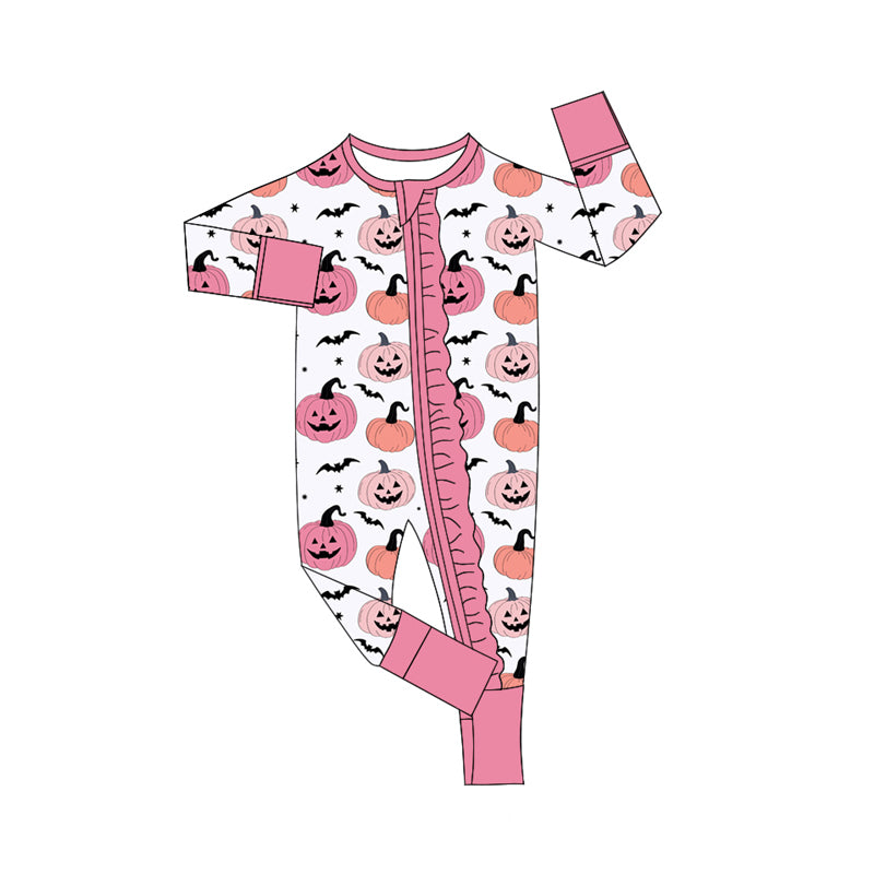 Preorder (moq 5)Baby Girls Long Sleeves Ghost Pumpkins Bats Plaid Ruffle Zipper Romper