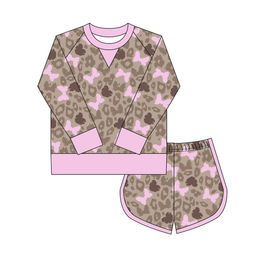 Preorder(moq 8)Baby Girls Brown Leopard Butterfly Long Sleeve Top Shorts Clothes Sets