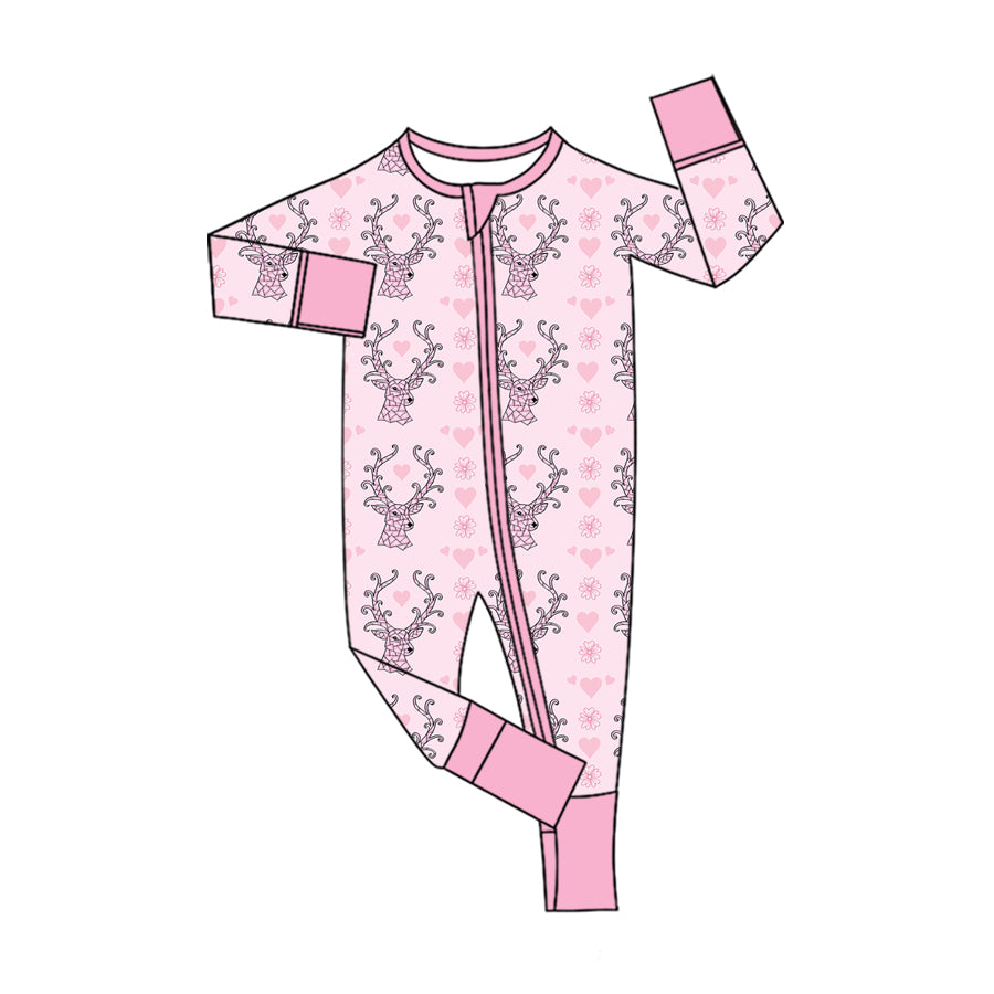 Preorder (moq 5) Baby Girl Clothes Geometric Deer Head Floral Print Long Sleeve Zipper Romper