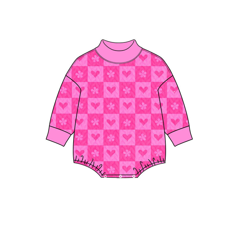 Preorder (moq 5) Baby Girl Clothes Valentine Pink Checker Heart Floral Print Long Sleeve Mock Neck Bodysuit