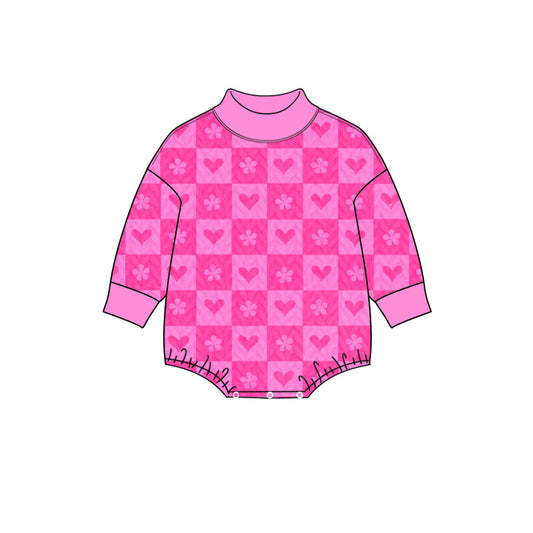 Preorder (moq 5) Baby Girl Clothes Valentine Pink Checker Heart Floral Print Long Sleeve Mock Neck Bodysuit