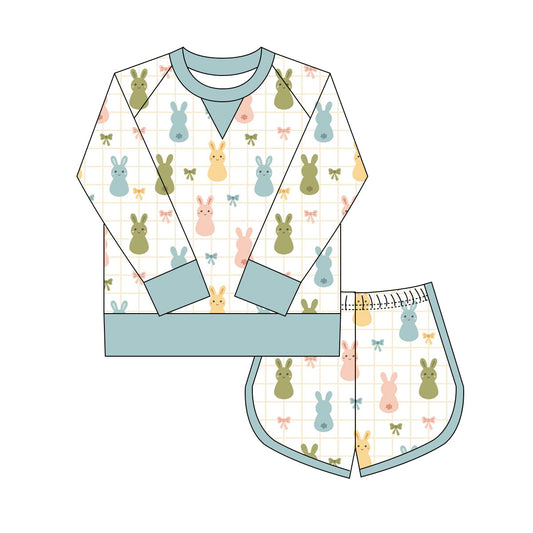 Preorder(moq 8)Baby Girls Colorful Rabbits Bows Checked Long Sleeve Top Shorts Easter Clothes Set