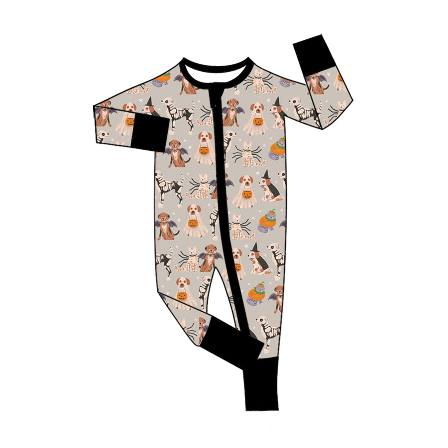 Preorder (moq 5)Baby Boys Ghost Pumpkins Dogs Halloween Two Way Zip Convertible Rompers