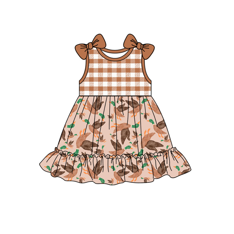 Preorder (moq 5)Baby Girls Khaki Sleeveless Ducks Knee Length Dresses Preorder