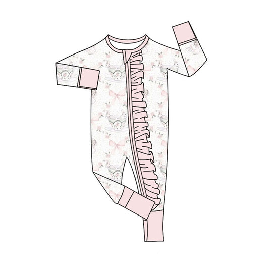 Preorder (moq 5)Baby Girls Pink Bows Rabbits Easter Two Way Ruffle Zip Convertible Rompers