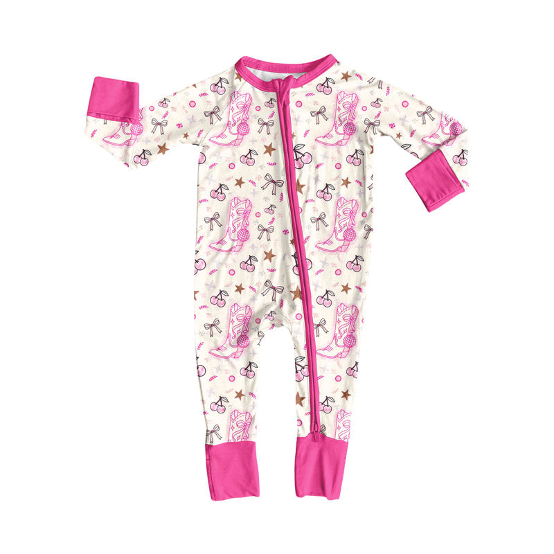 Preorder (moq 5)Baby Girls Pink Boots Cheers Zipper Footie Rompers