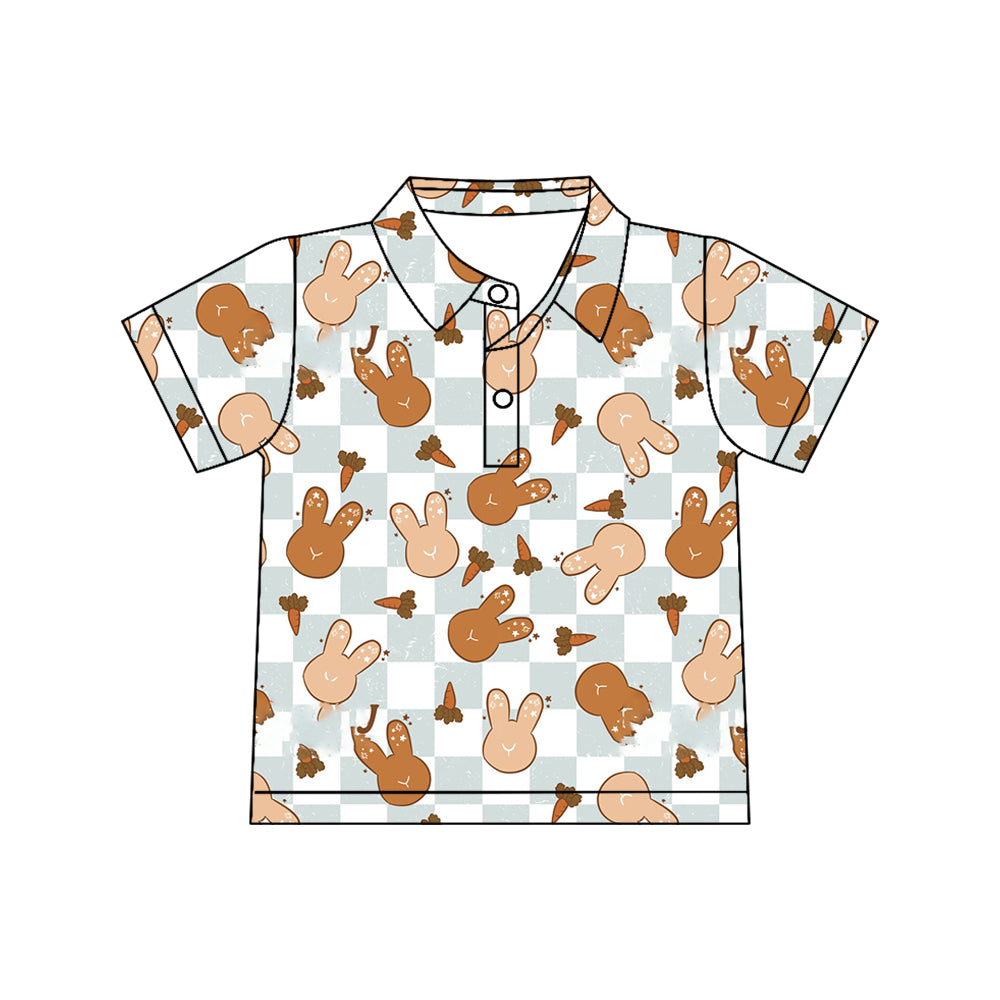 Preorder （moq 5）Boys Easter Orange Bunny With Carrot Collared Short-Sleeve Button-Up Shirt
