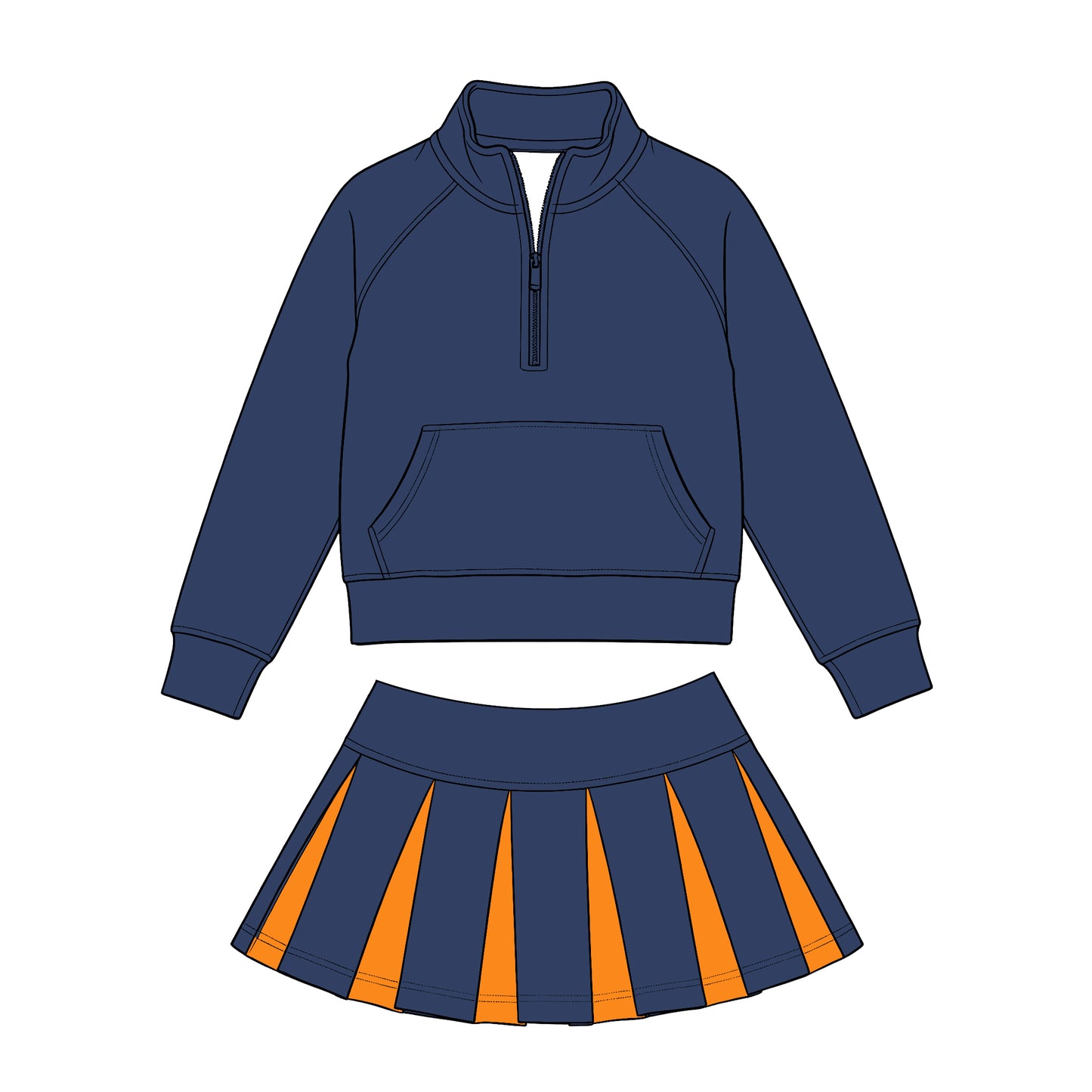 Preorder (moq 5) Baby Girls Navy Zip Pockets Pullovers Orange Pleated Skirt Short Clothes Sets