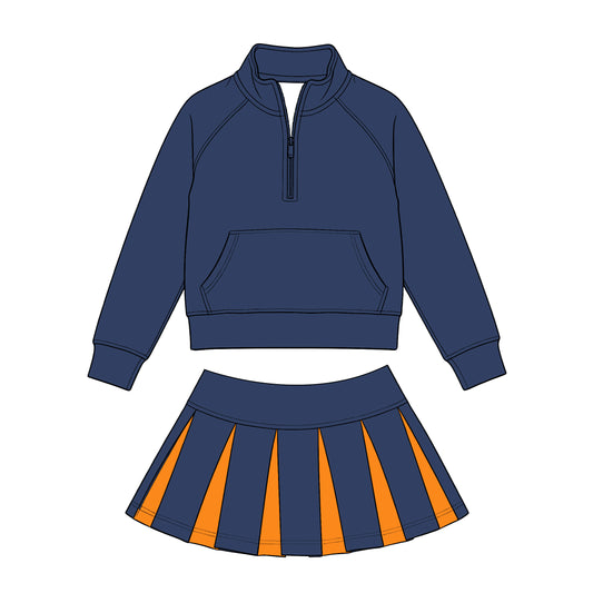 Preorder (moq 5) Baby Girls Navy Zip Pockets Pullovers Orange Pleated Skirt Short Clothes Sets