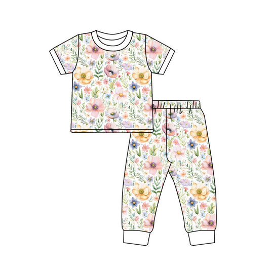 Preorder(moq 5) Baby Girls Short Sleeve Colorful Flowers Top Pants Pajamas Sets