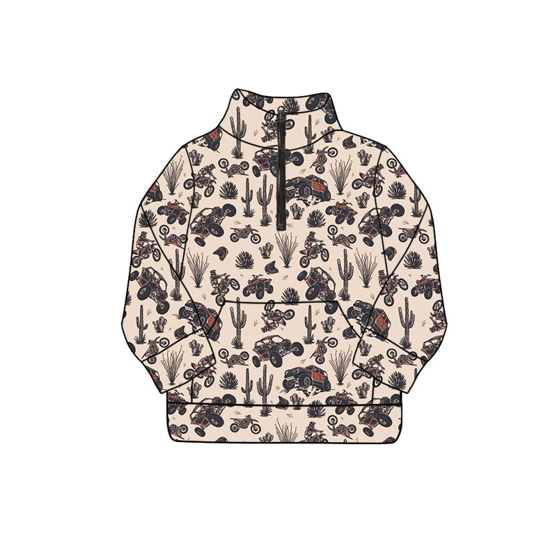 Preorder (moq 5)Baby Boys Long Sleeve Cactus Trucks Zip Pockets Western Pullovers Top