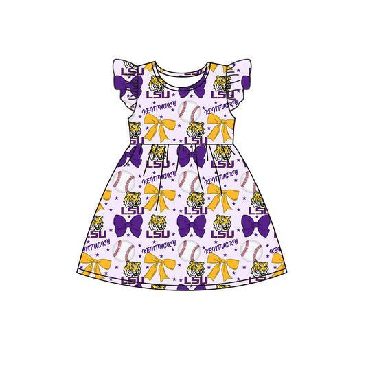 Preorder (moq 5)Baby Girls Flutter Sleeves Baseballs Bows LSU Tiger Team Knee Length Dresses