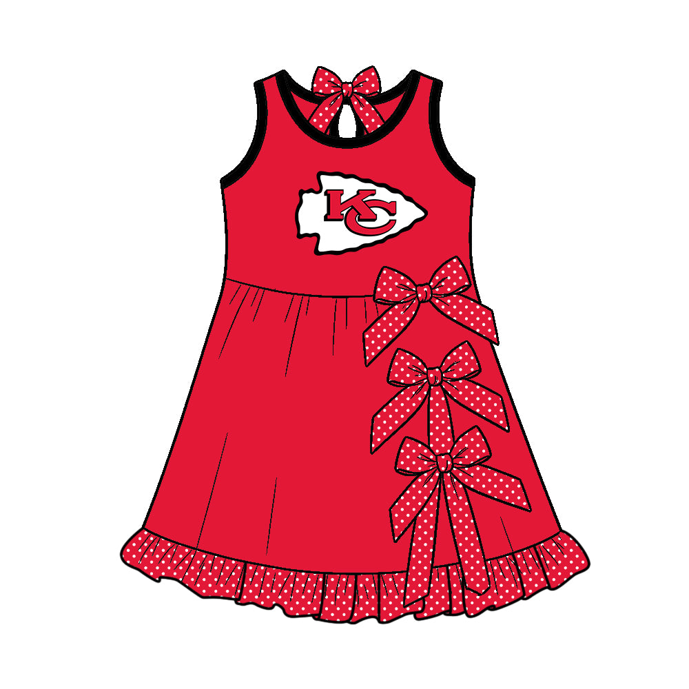 Preorder (moq 5)Baby Girls Sleeveless Chiefs Bows Short Team Knee Length Dress