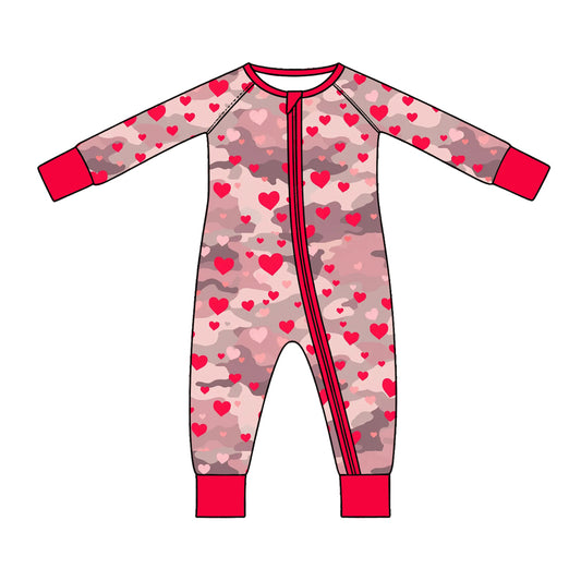 Preorder (moq 5) Baby Girl Clothes Grey Camo Red Heart Mixed Print Long Sleeve Zipper Romper