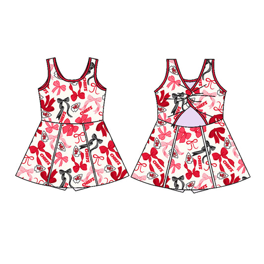 Preorder (moq 5)Baby Girls Sleeveless Pink Bows Plaid KC Chiefs Short Team Knee Length Dresses
